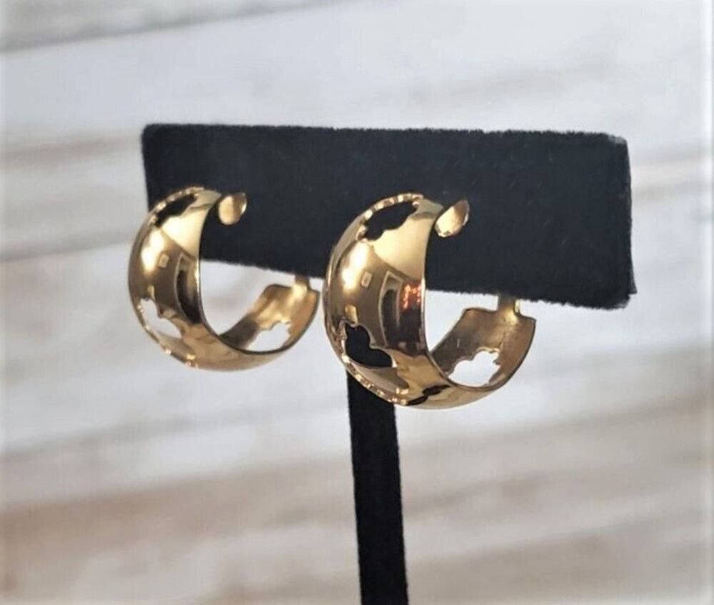Vintage Clip On Earrings - Unusual Chunky Gold Tone Hoops with Cut Out Design